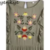 Spring Women Vintage Army Green Floral Embroidery Dress Female Long Sleeve O Neck Ruffle Casual Pleated Vestido 210514