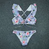 Sexy Bikini-Druck-Blumenbadebekleidung Frauen Schnürung Niedrige Taille Bikinis Set Push Brasilianischer Badeanzug Rüsche Badeanzug L 210621