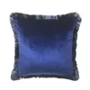 Lussuosa fodera per cuscino in morbido velluto marrone massiccio turchese lucido con frange decorative per divano, 45 x 45 cm 210401