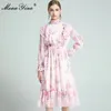 ファッションドレス春の女性のドレスフリルな襟長袖フリルの花柄プリントピンクの休暇ドレス210524