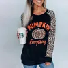 T-shirt das mulheres Leopardo Pumpkin letra Cópia 2021 Autumn Manga Longa Halloween Camisetas Feminino Top Tee Casual Festival Tops Ladies de roupas