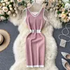 Dress Women Knitted Striped V Neck High Waist Vestidos Stretch Sexy Bodycon Dresses Korean Fashion Clothes 16183 210415