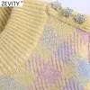 Spring Women Simply Geometric Print Knitting Sweater Kvinna Chic Shoulder Diamond Knappar Casual Pullovers Tops S604 210416