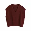 Vintage Femme Bourgogne Col V Lâche Verry Court Vest Automne Surdimensionné Soft Softess Sweaters Femme Casual Tops 210515