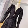 Women Velvet Sexy Loose A Line Dress Pure V Neck Single Buttons Puff Sleeve Party Night Elegant Black Sequin Mujer 210421