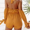 Moda Mulheres Sexy Backless Playsuit Verão Beach Solto Amarelo Macacões Sexy Bow Bodysuits Jumpsuit Casual