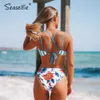 Seaselfie Sexig Stripe Floral Strappy High-Waist Bikini Set Baddräkt Två Pieces Baddräkt Kvinnor Sommarstrand Badkläder 210712