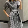 Japan stil puff ärm vintage klänning temperament spets upp plaid klänningar kvinnor sommar lila mini vestidos mujer 210514