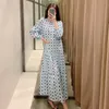 Klänning Blå Geometrisk Print Plus Size Maxi Es Kvinna Sommar Ruffle Party Afrikanska Kvinnor Långärmad Vestido 210430