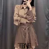 Traf mujeres moda con cinturón estampado geométrico mini vestido vintage manga larga con botones vestidos femeninos vestidos mujer 210415