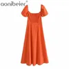 Rose orange été taille haute décontractée robe midi manches bouffantes boutons avant froncé dos femmes longueur au genou 210604