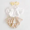 Sommar barn tjej kostym kläder spädbarn baby tjejer ärmlös topp + stripe byxor hårband kläder sätter 210429