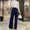 XNWMNZ ZA Kadınlar Moda Premium Yama Cep Deniz Düz Kot Bayanlar Vintage Yüksek Bel Kadın Pantolon Kız Pantolon 210809