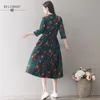 Mori Girl Vintage Groene Floral Gedrukt Drie Kwart Mouw Jurk Dames Verse Japan Stijl Boog Kraag Elastische Taille Plooited Midi 210520