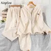 Neploe Loose Causal Solid 2 Pcs Women Set Hooded Long Sleeve Zipper Pocket Jacket + High Waist Hip Harem Pants Suit Spring 210423
