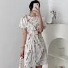 Eleganckie Kobiety Floral Print Expose Empire Waist Summer Sukienka Za Vintage Elastyczna Talia Krótki Rękaw Mini Dresses Streetwear 210521