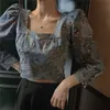 Vintage élégant sexy col carré bouffée à manches longues denim blouse femmes mode courte imprimé floral hauts blusas de mujer chemises mince 210429