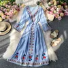 Summer Women Boho Vacation Flare Sleeve Floral Broderi Belted Traditionell Vintage Midi Beach Dress 210415