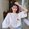 2021夏の新しい半袖緩い韓国の刺繍恐竜ハーフスリーブTシャツ女子学生トップ女性服ブラックトップスY0621