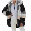 Winter Faux Bont Damesjas Hooded Lange Mouw Cardigan Rits Zakken Losse Patchwork Striped Fashion Casual Coat Y0829
