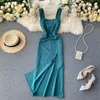 Kobiety Pasek Sukienka Summer Backless Solidna Dresses Line Sexy Off Ramię Bez Rękawów Wysoki Split Eleganckiej Dress 210419