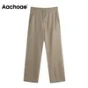 Aachoae Dames Casual Khaki Broek Volledige Lengte Kleding Broek Zipper Vlieg rechtdoor lang met grote Pocket Pantalones 210925