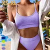 Peachtan Sexy solid ribbed bikinis 2021 mujer High waist swimsuit women V neck swimwear female Sport bathing suit Stripe biquini Y0820