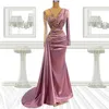 Pink Mermaid Prom Dresses Beaded Black Girl V Neck African Long Sleeves Evening Gowns Satin Sweep Train Plus Size Formal Dress