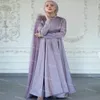 Lilac Muslim Evening Dress Dubai Arabic Long Sleeve Satin Formal Prom Dresses With Feather Turkey Party Gowns vestidos formales Robe De Soirée Mariage