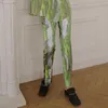 가을 트렌디 한 여성 캐주얼 바지 넥타이 염료 그라데이션 그린 프린트 스트레이트 하이 허리 바지 패션 ZC1240 210427