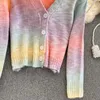 Mjukt Grandient Color Sweet Sweater Cardigan Spring Autumn Långärmad V-Neck Button-up Kvinnor Kort Sticka Jacka 210603