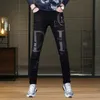 Mens High Quality Prints Stretch Denim Pants,Light Luxury Diamond Embroidery Slim-fit Black Jeans,Street Fashion Casual Jeans; 211108