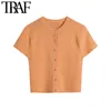 TRAF Femmes Femmes Mode Strass Buttons Croppé Cardigan Cardigan Vintage manches courtes Femme Vêtements d'extérieur Chic Tops 210415