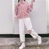 Qweek japonês kawaii cor-de-rosa corduroy pants mulheres macia menina manta larga perna branca calças para fêmea amor coração retalhos bonitos 210925