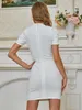 Women Sexy Designer Short Sleeve Lacing Keyhole White Bandage Dress Evening Celebrity Chic Party Vestido 210527