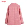 Tangada vrouwen mode kantoor slijtage roze tweed dubbele breasted blazer jas vintage lange mouwen zakken vrouwelijke bovenkleding be911 210609