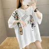 Blusas femininas de verão camisetas manga curta estampada fofa de algodão gola redonda solta com moda