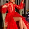 Летние женщины вечеринка с длинным рукавом Элегантное сексуальное расколотое рюшачьего платье в горошек красный макси красный Maxi Tulle 210415