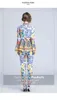 Mode Runway Byxor Suit Set Kvinnors Flare Sleeve Bow Collar Print Blusar Och Casual Två Pieces Set 211105