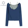 T-shirt à col rond profond bleu à manches longues et gilet camisole sans manches gris tenues ajustées femmes printemps ensembles sexy de base dames 210417