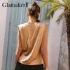 Glamaker Shoulder pads casual summer fashion top Satin sexy pleated elegant o-neck party club top Loose sleeveless tee tanks 210412