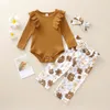 0-24m lente herfst geboren baby baby meisje bloem kleding set gebreide lange mouw romper ruches bloemen broek outfits 210515