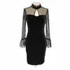 Fashion Velvet Mesh Sexy Dress Bodycon Autumn Lace Black Hollow Out Flare Sleeve es For Women Party Vestido 12158 210512