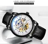 Heren Klassieke Sportkalender Horloges Mannen Luxe Blauw Roestvrij staal Mesh Skeleton Dial Automatic Beweging Horloges