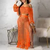 Summer Crochet Dress Beach Wear 2 Piece Crop Top And Skirt Set For Women Long Sleeve Tassels Slash Neck Two Knit Sets 220314