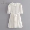 Verão Mulheres Partido Branco Mini Laço Crochet Único Breasted Belted Doce Elegante Feriado Curto Praia Vestido 210415