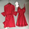 Kobiety Rayon 2 sztuk Szata Zestaw Panny Młodej Druhna Ślubna Szata Suknia Koronki Sexy Kimono Szlafrok Suknia Suknia Casual Nightgown Sleepwear 210831