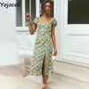 Yojoceli Vintage Drukuj Długie Split Dres Letnie Ruffles Frill Ołówek Casual Boho Beach Midi Vestidos 210609