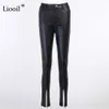 Liooil Black Brown Faux PU Leather Slit Pencil Pants Women Slacks Streetwear Mid Waist Trousers Sexy Skinny Long 210915