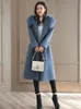 Women's Wool & Blends 2021 Fashion Solid Women Long Woolen Coat Slim Zippers Jacket Pockets Fur Collar Blue Cashmere And